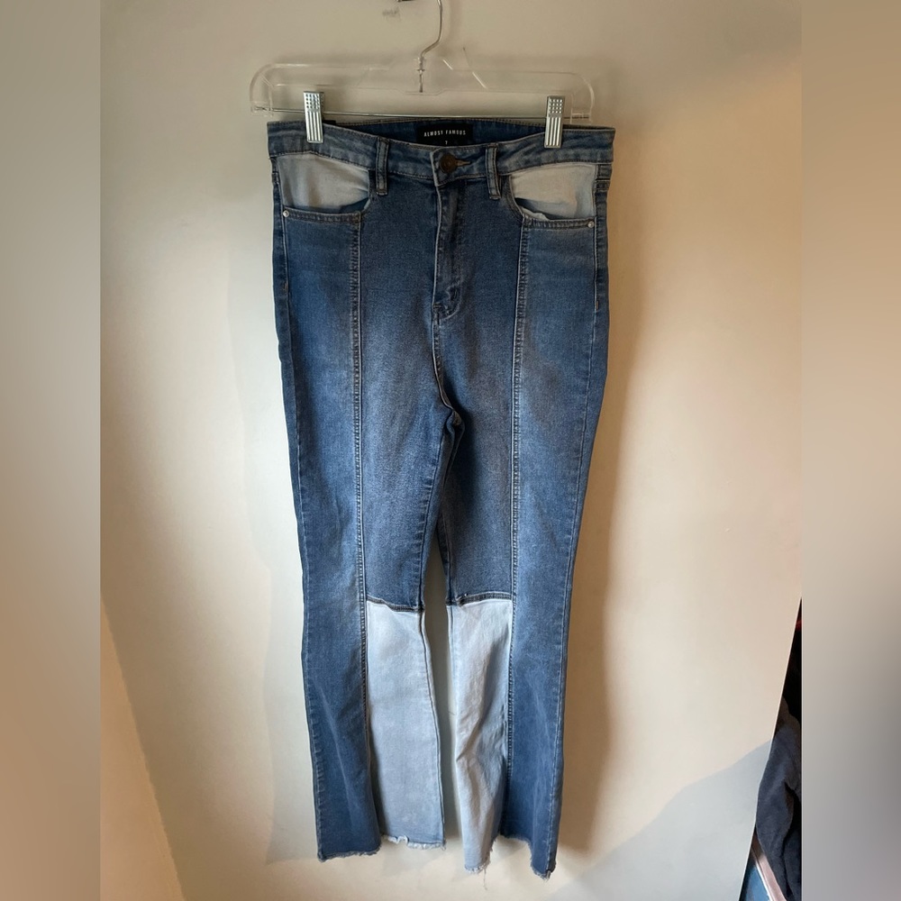 Almost Famous 7 Ultra High Rise Patchwork Denim Flare Jeans 70s Vintage Style